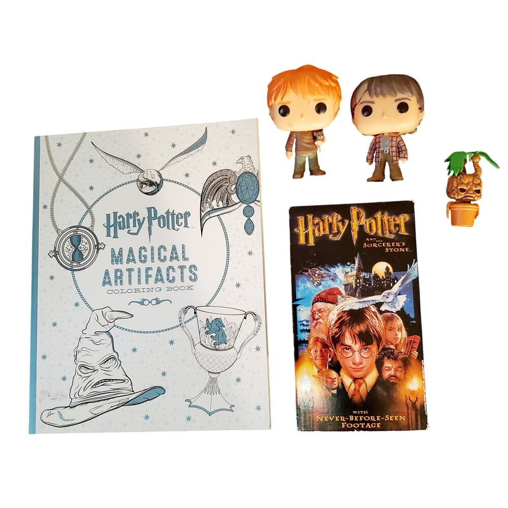 HP Bundle: Ron w/Rat, Harry in Flannel, Mandrake Funkos + HP Coloring Book & VHS